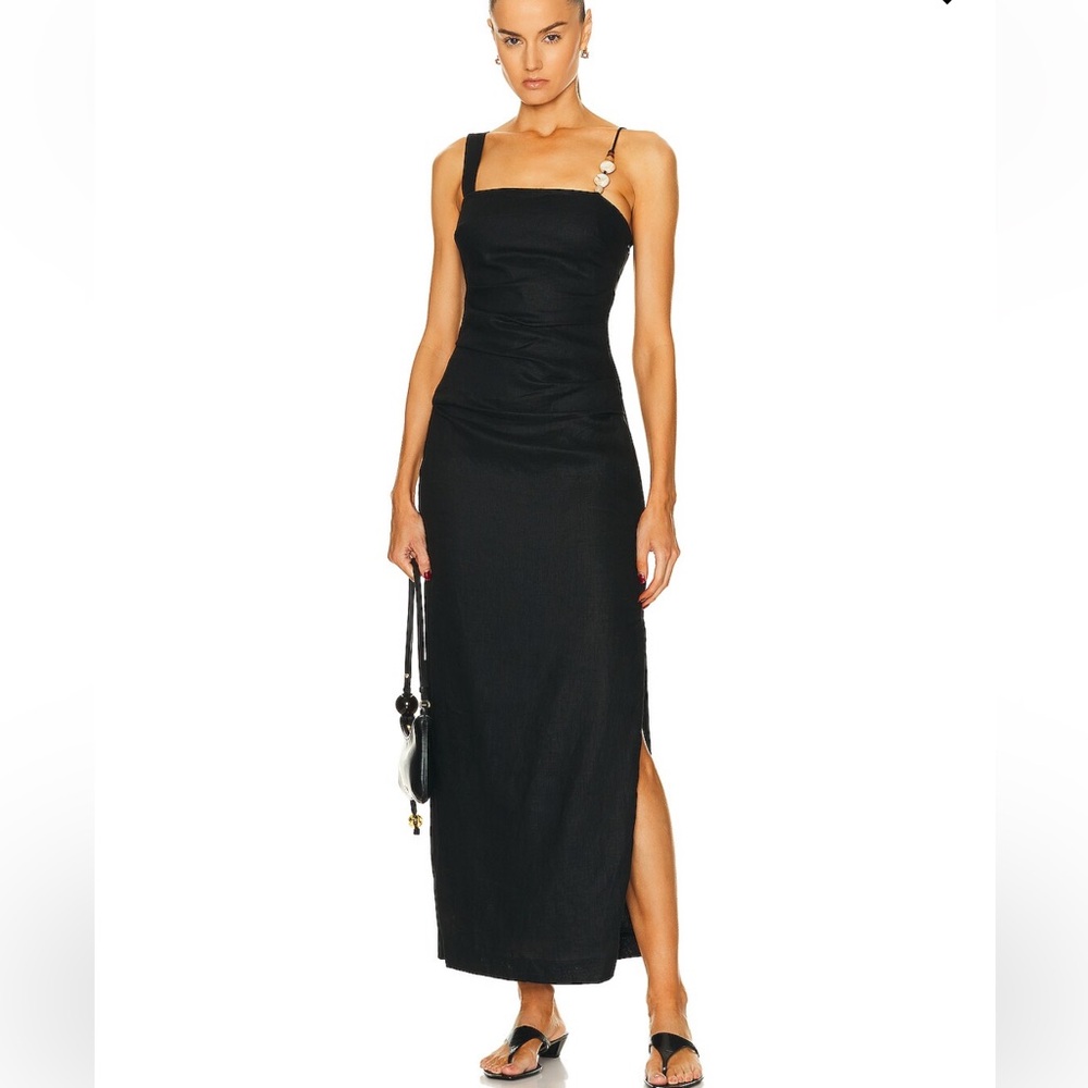 Black One Shoulder Linen Slit Dress